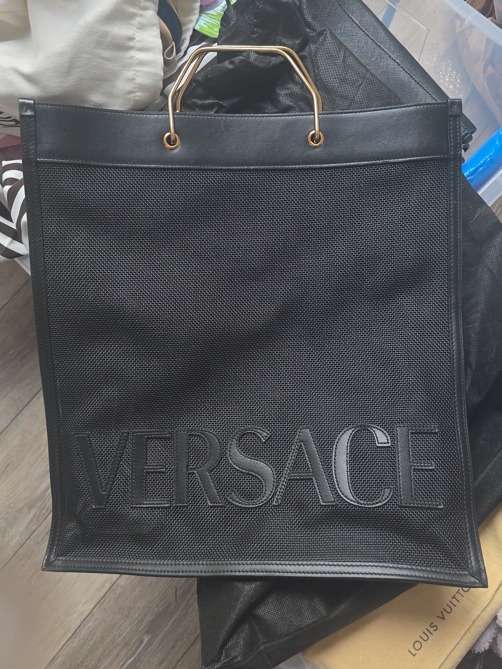 Love Show Only Versace Black Mesh Tote with Gold-Tone Handle